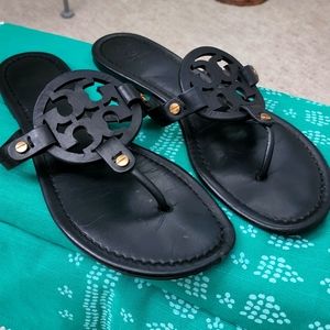 Tory Burch Black Leather Miller Sandals.